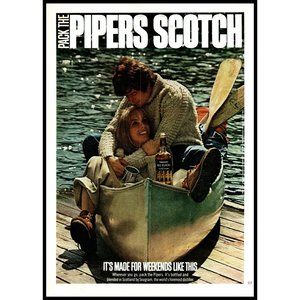 1974 100 Pipers Scotch Vintage Print Ad Couple in Canoe Blonde Sweater Wall Art